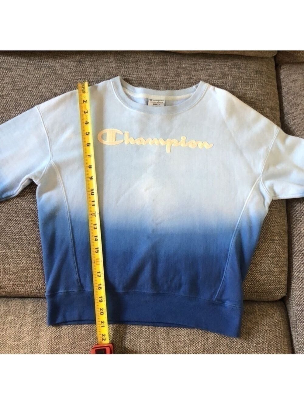 CHAMPION Reverse Weave Blue Dip Dye Script Ombre Crewneck Pullover Sweatshirt S - Picture 11 of 13